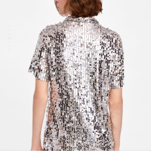 RARE! ZARA Silver Sequin Shirt Dress - Picture 8 of 8